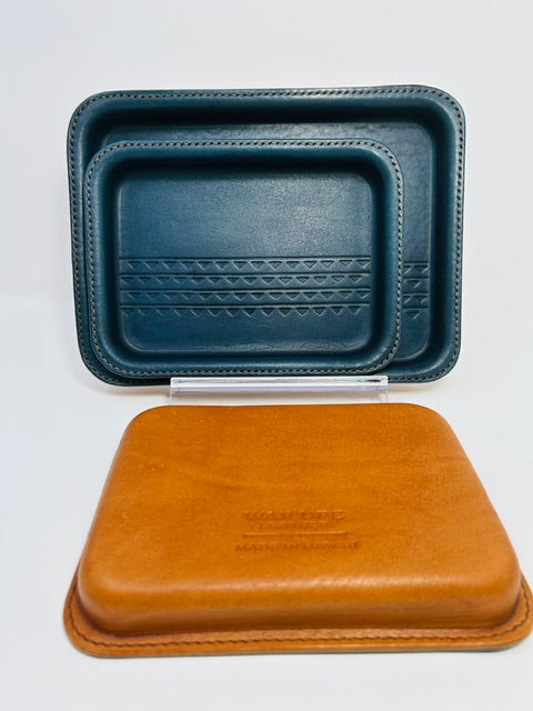 Small Leather Tray - Deep Pacific Blue Top, Natural Tan Base