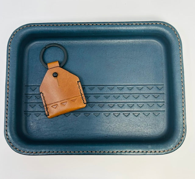 Small Leather Tray - Deep Pacific Blue Top, Natural Tan Base