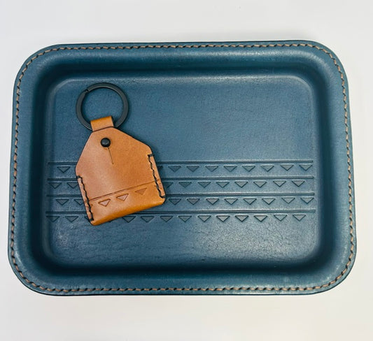 Small Leather Tray - Deep Pacific Blue Top, Natural Tan Base