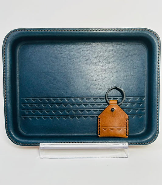 Large Leather Tray - Deep Pacific Blue Top, Natural Tan Base