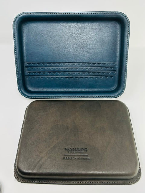 Large Leather Tray - Deep Pacific Blue Top/Grey Base