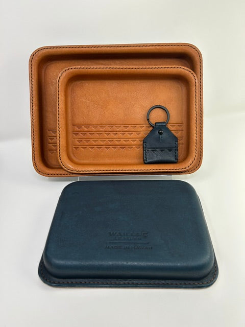 Small Leather Tray - Natural Tan Top/Deep Pacific Blue Base